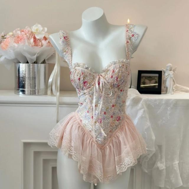 Váy ngủ sexy cánh tiên ren hoa có gọng kèm garter nịt tất gợi cảm sang chảnh áo corset định hình dáng xoè quyến rũ N820