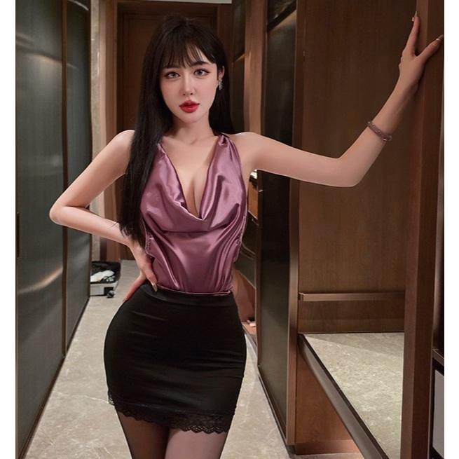 Đồ ngủ sexy yếm lụa hở lưng quyến rũ xinh yêu cosplay thư ký giao viên ôm body gợi cảm nóng bỏng  N318