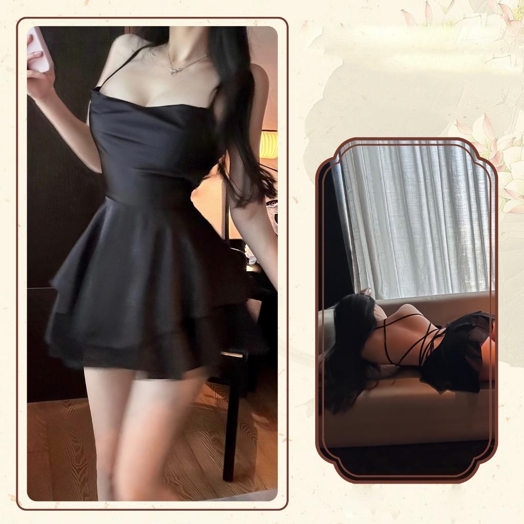 Váy ngủ lụa sexy 2 tầng phong cách tiểu thư sang chảnh đầm mặc nhà đan dây lưng gợi cảm quyến rũ  N194