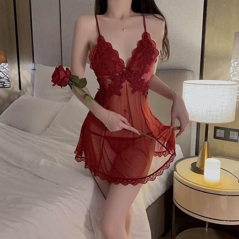Váy ngủ nữ sexy voan xuyên thấu phối ren gợi cảm tinh tế đầm 2 dây hở lưng kèm quần lọt khe quyến rũ  N188