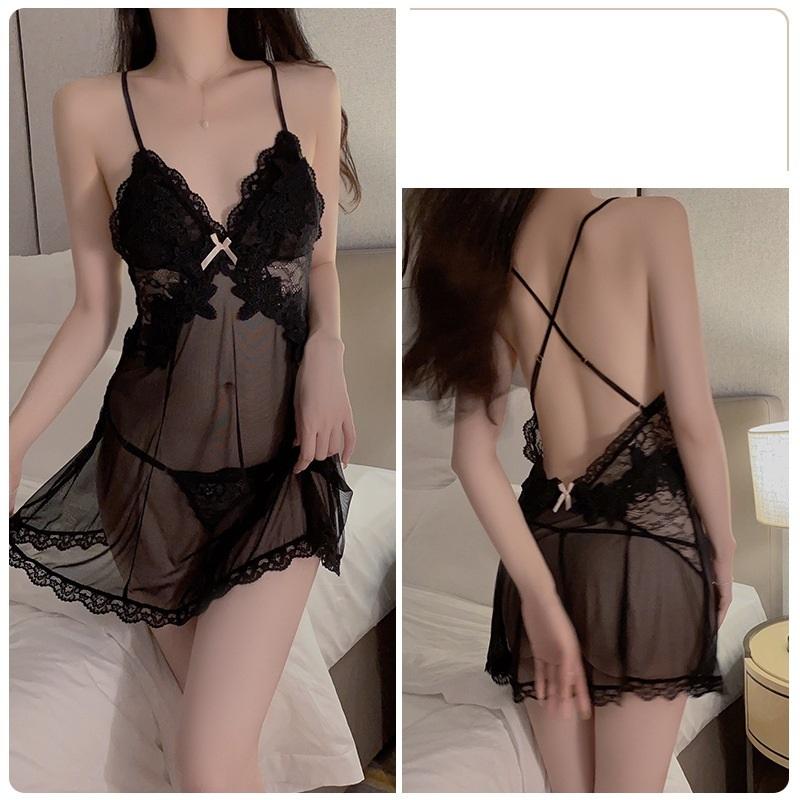 Váy ngủ nữ sexy voan xuyên thấu phối ren gợi cảm tinh tế đầm 2 dây hở lưng kèm quần lọt khe quyến rũ  N188