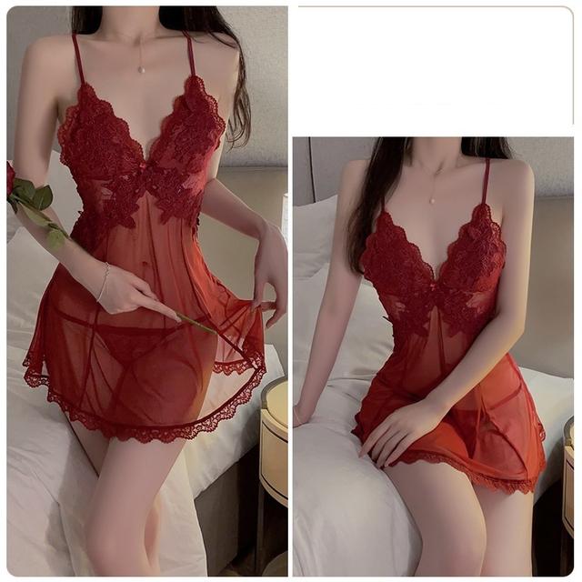Váy ngủ nữ sexy voan xuyên thấu phối ren gợi cảm tinh tế đầm 2 dây hở lưng kèm quần lọt khe quyến rũ  N188