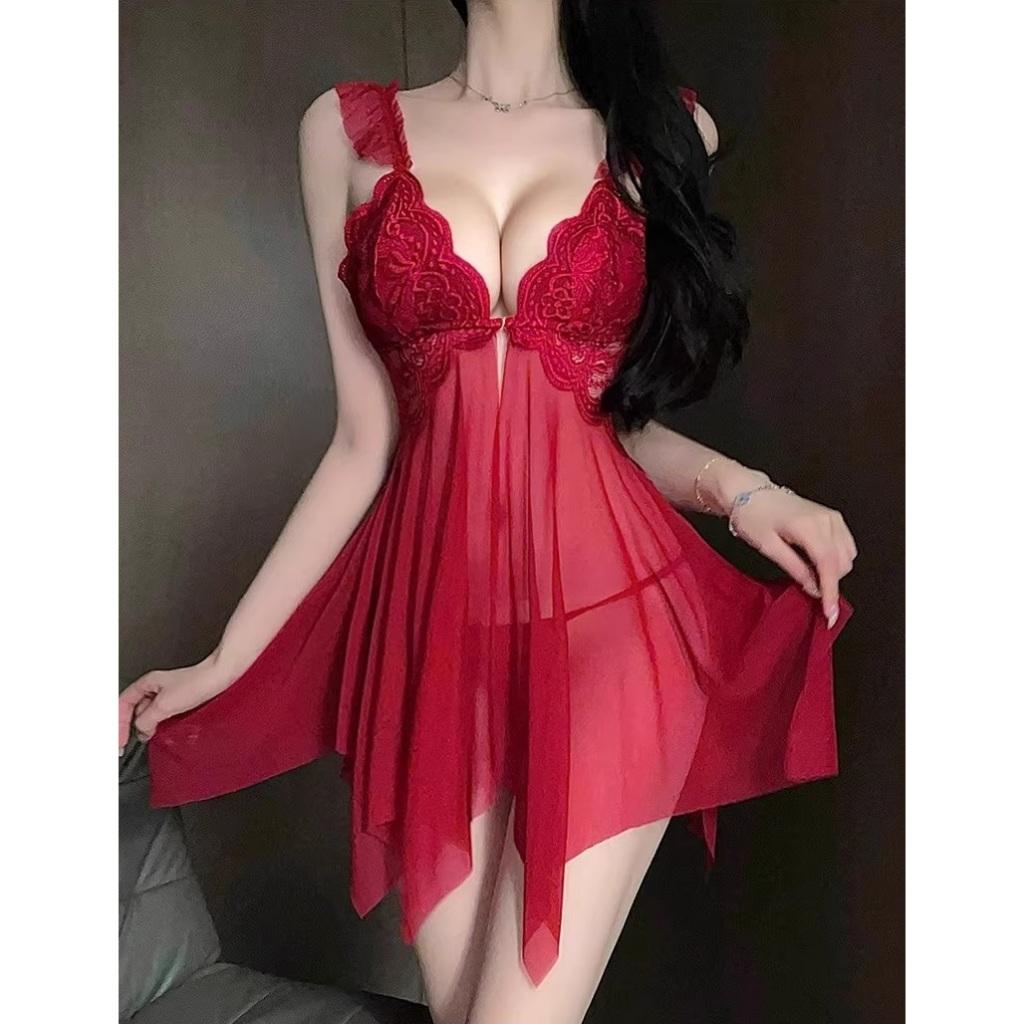Váy ngủ nữ cánh tiên có mút ngực khoá cài sexy gợi cảm đầm 2 dây xuyên thấu xẻ tà trước quyến rũ tinh tế  N155