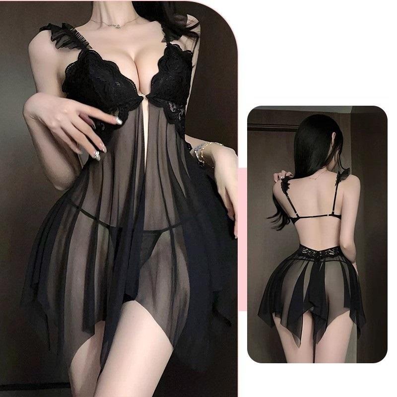 Váy ngủ nữ cánh tiên có mút ngực khoá cài sexy gợi cảm đầm 2 dây xuyên thấu xẻ tà trước quyến rũ tinh tế  N155
