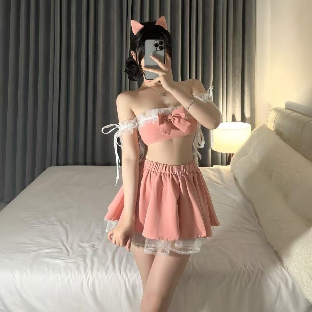 Cosplay mèo hồng hư hỏng cúp ngực gợi cảm quyến rũ set ngủ miêu nữ nơ phối ren anime xếp ly dễ thương  N738