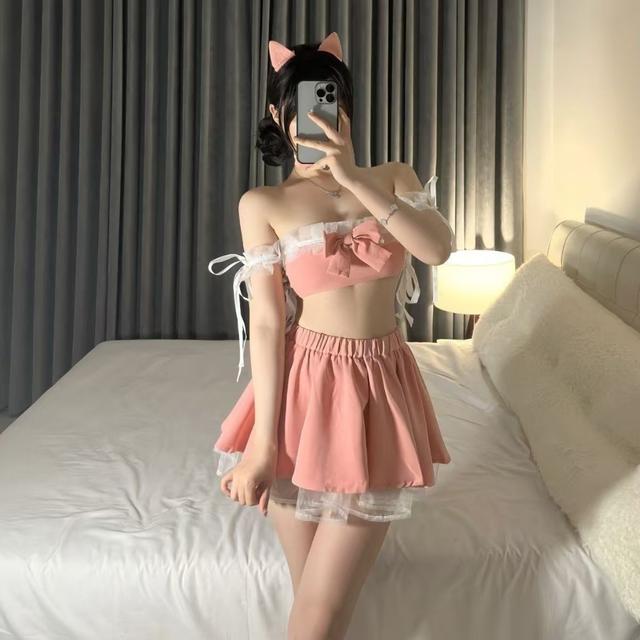 Cosplay mèo hồng hư hỏng cúp ngực gợi cảm quyến rũ set ngủ miêu nữ nơ phối ren anime xếp ly dễ thương  N738