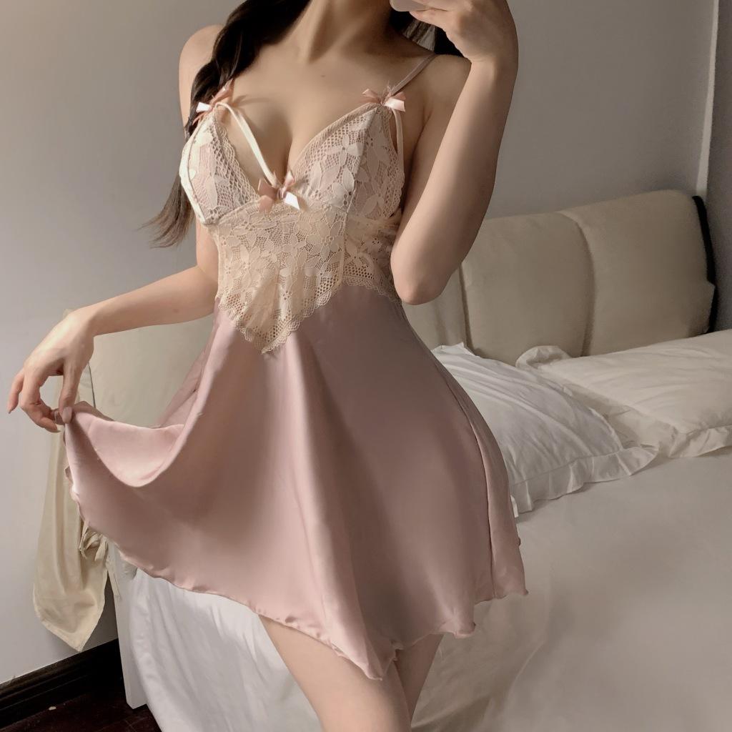 Váy ngủ lụa sexy phối ren hoa nhí gợi cảm sang chảnh đầm mặc nhà 2 dây dáng xoè đáng yêu quyến rũ  N285