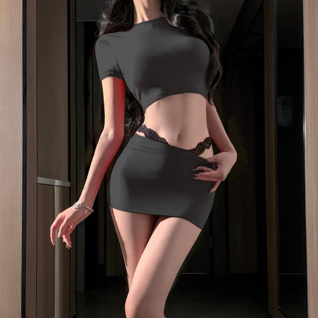 Đồ ngủ cosplay sexy thư ký ôm body tôn dáng gợi cảm set áo croptop cổ lọ đen đỏ quyến rũ cuốn rũ  N711