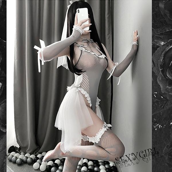 Cosplay cô dâu anime 1 mảnh kèm voan trùm đầu gợi cảm đồ ngủ liền thân tiểu thư bonita quyến rũ  N747