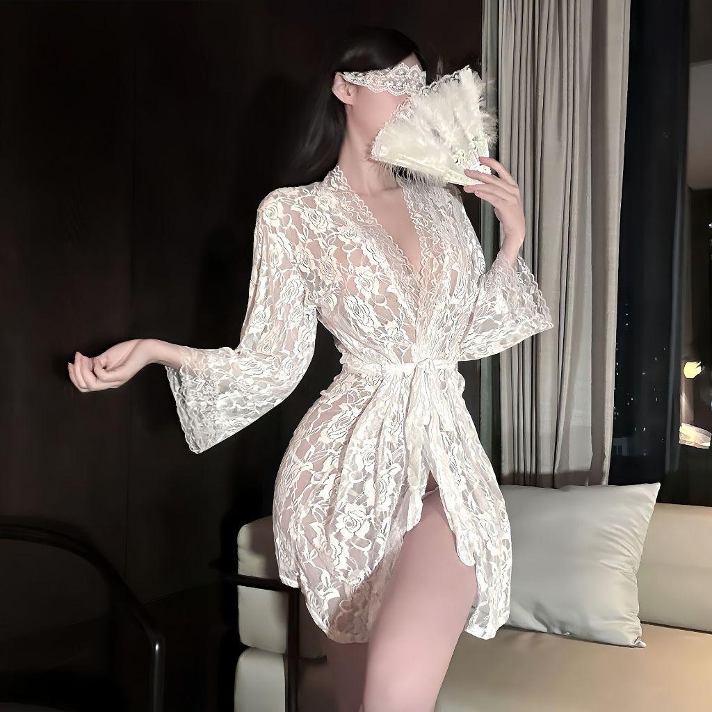 Áo choàng ngủ ren hoa xuyên thấu dài tay gợi cảm cuốn hút áo khoác tắm có đai cột lưng sexy quyến rũ  N138