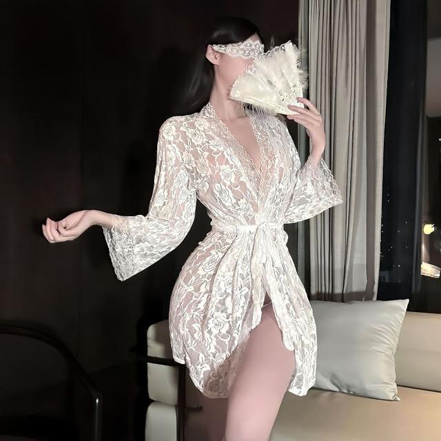 Áo choàng ngủ ren hoa xuyên thấu dài tay gợi cảm cuốn hút áo khoác tắm có đai cột lưng sexy quyến rũ  N138