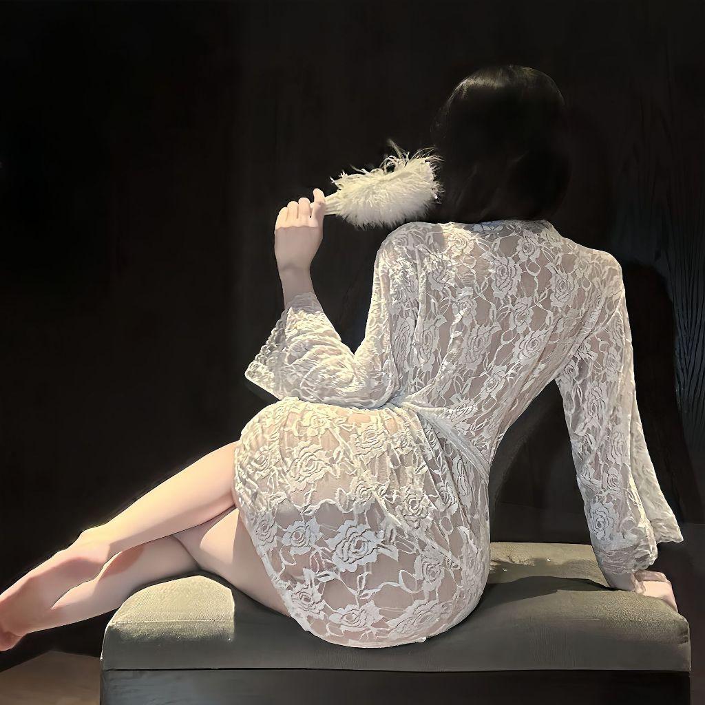 Áo choàng ngủ ren hoa xuyên thấu dài tay gợi cảm cuốn hút áo khoác tắm có đai cột lưng sexy quyến rũ  N138