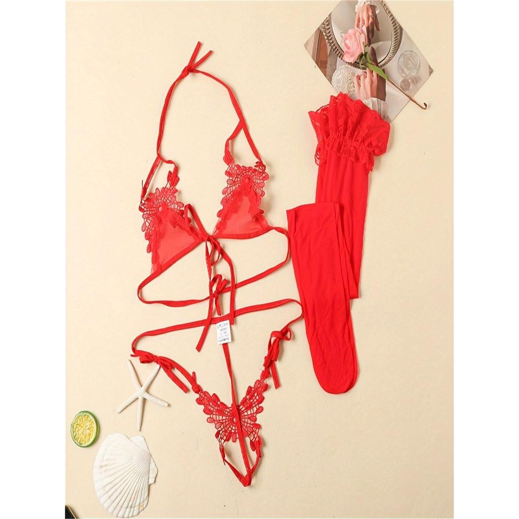 Bộ đồ lót gợi cảm ren xuyên thấu phối hoa mềm mịn siêu xinh set nội y nữ buộc dây đen đỏ trắng quyến rũ  T311