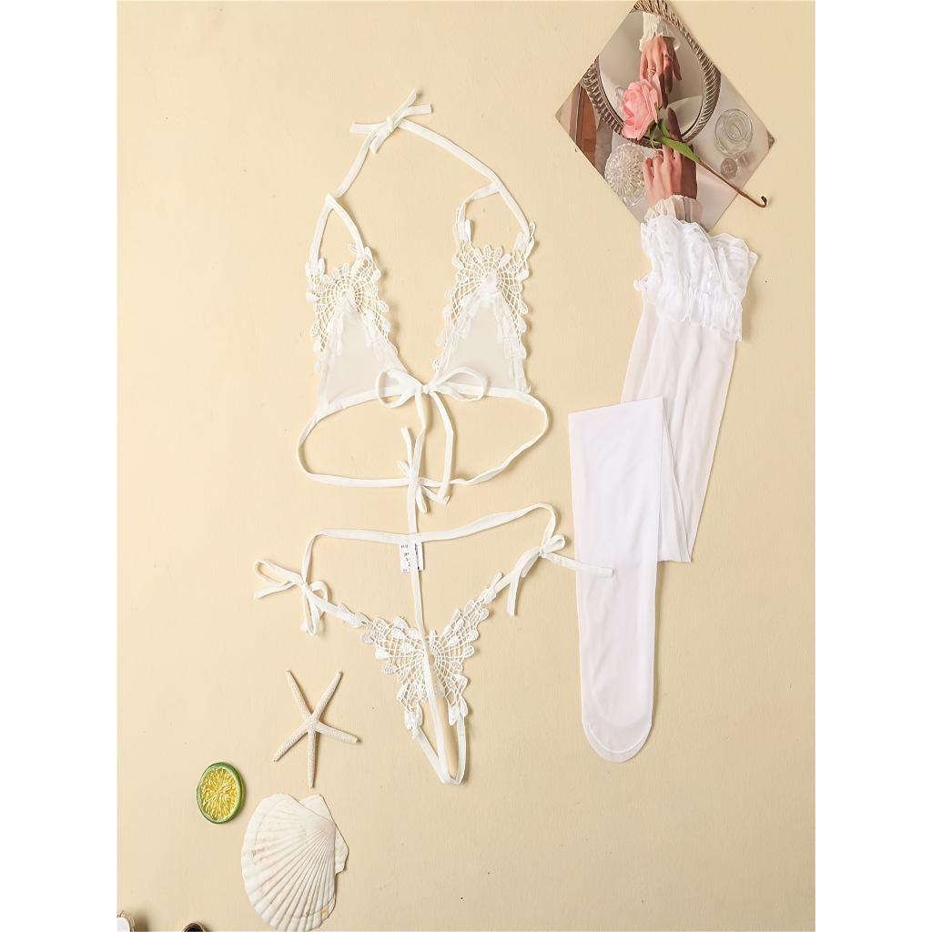 Bộ đồ lót gợi cảm ren xuyên thấu phối hoa mềm mịn siêu xinh set nội y nữ buộc dây đen đỏ trắng quyến rũ  T311
