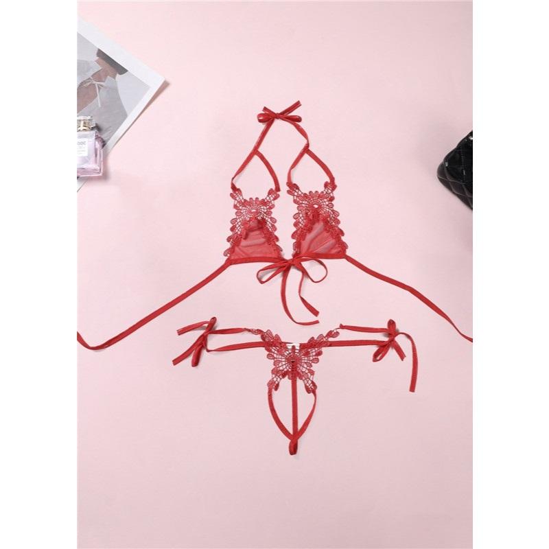 Bộ đồ lót gợi cảm ren xuyên thấu phối hoa mềm mịn siêu xinh set nội y nữ buộc dây đen đỏ trắng quyến rũ  T311
