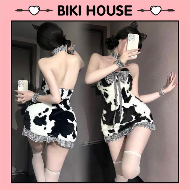 Váy gấu bông thắt nơ ôm body đáng yêu dễ thương đồ cosplay bò sữa anime cúp ngực gợi cảm dễ thương  N895