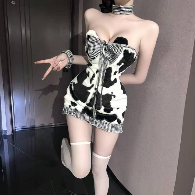 Váy gấu bông thắt nơ ôm body đáng yêu dễ thương đồ cosplay bò sữa anime cúp ngực gợi cảm dễ thương  N895