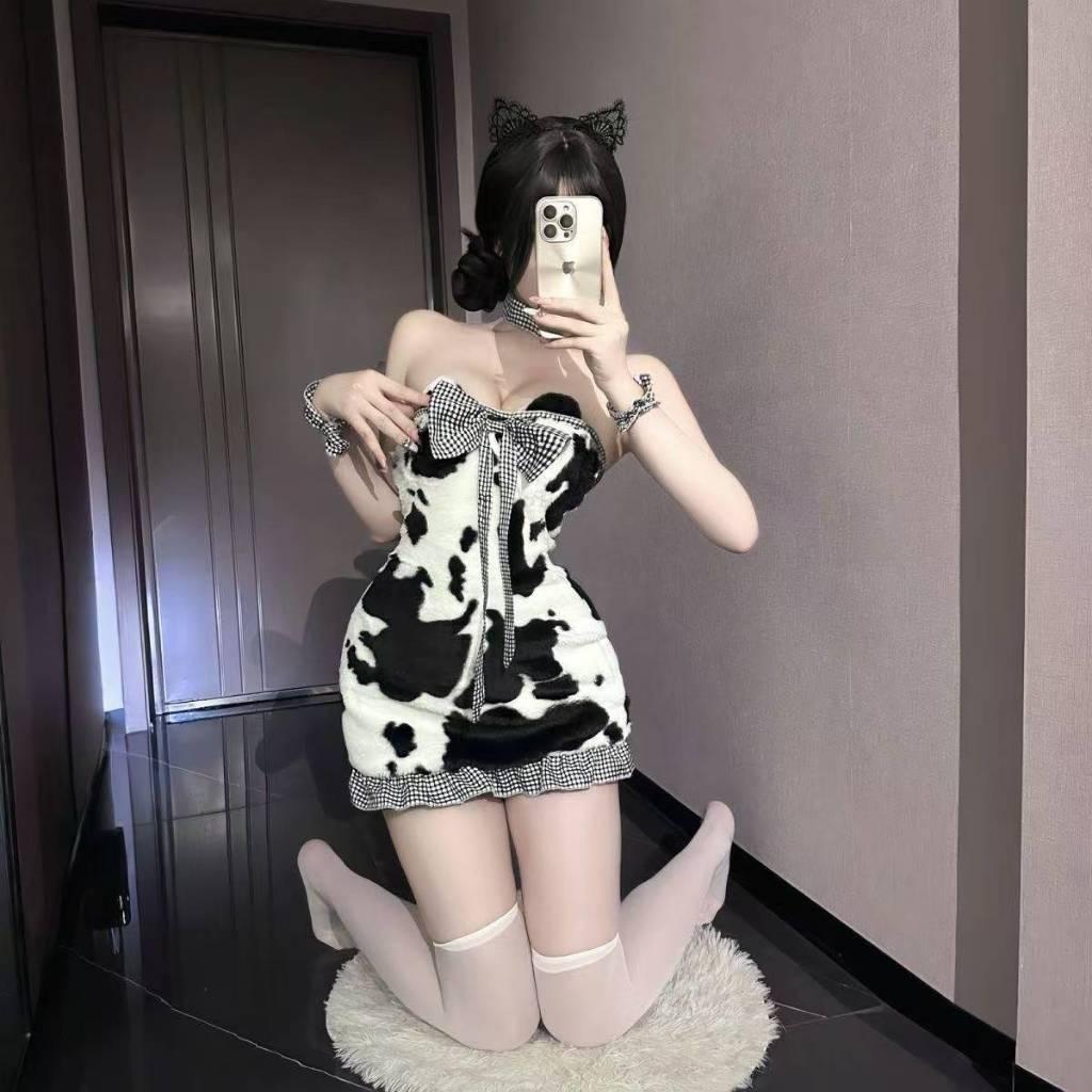 Váy gấu bông thắt nơ ôm body đáng yêu dễ thương đồ cosplay bò sữa anime cúp ngực gợi cảm dễ thương  N895