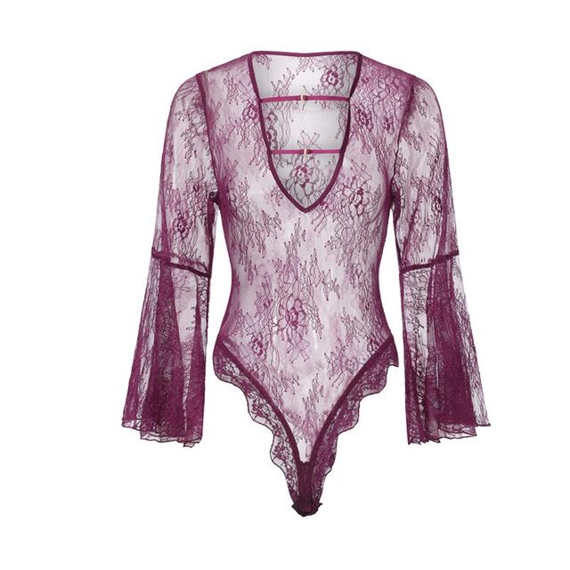 Đồ ngủ liền thân ren hoa tay dài xoè đáng yêu quyến rũ bodysuit cổ V đen tím dáng ôm gợi cảm thanh lịch  N512