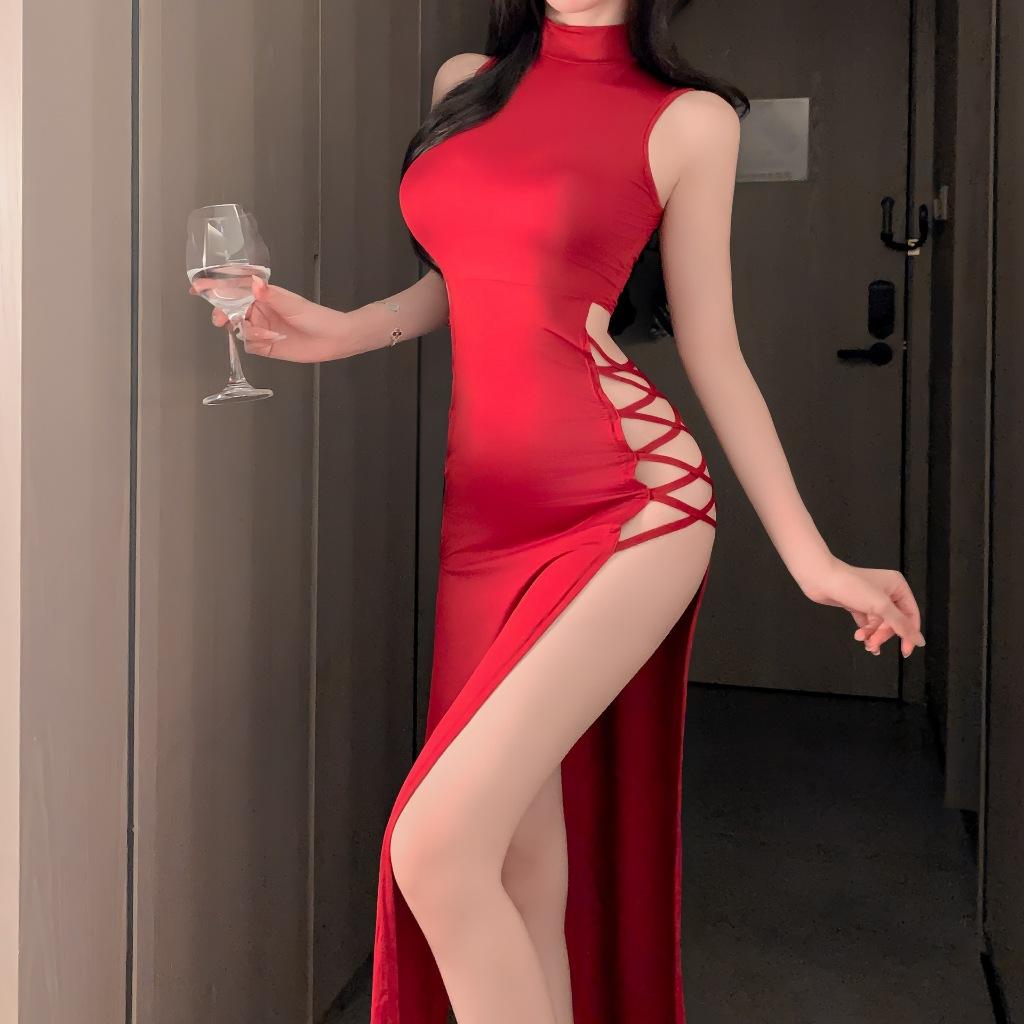 Váy ngủ dài xẻ tà đan dây hông quyến rũ thanh lịch đầm sườn xám cổ cao ôm body tôn dáng gợi cảm  N222