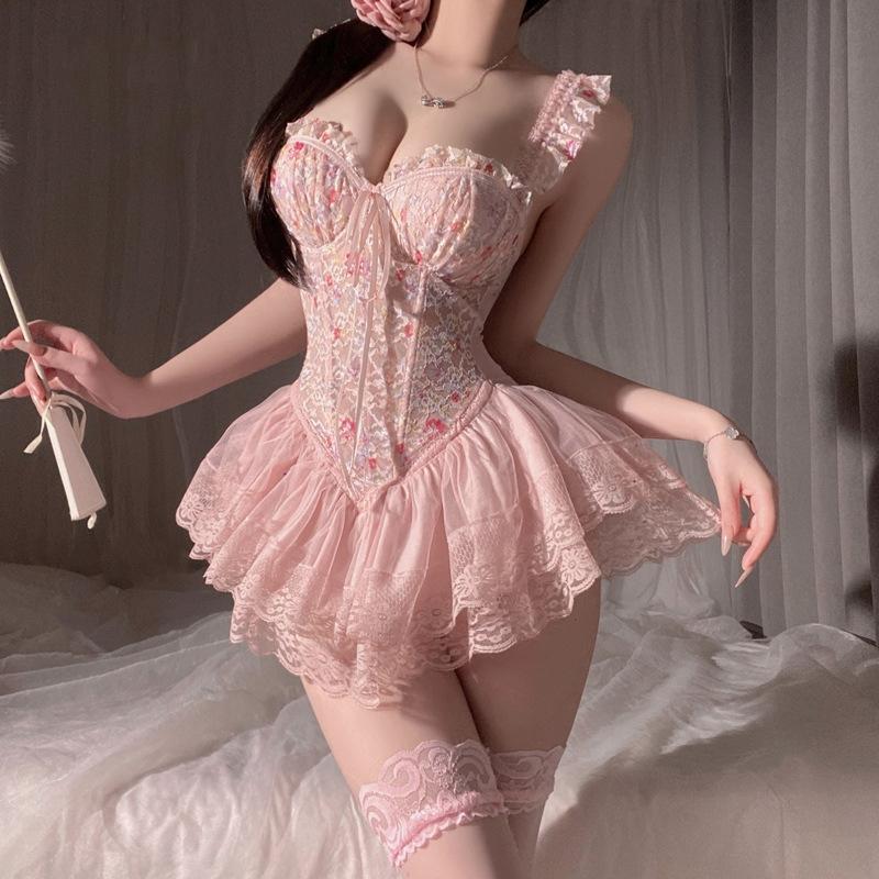Váy ngủ sexy cánh tiên ren hoa có gọng kèm garter nịt tất gợi cảm sang chảnh áo corset định hình dáng xoè quyến rũ N820