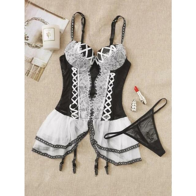 Váy ngủ ren bèo có gọng kèm đại garter nịt tất vớ gợi cảm thanh lịch áo corset xuyên thấu sexy tôn dáng  N814