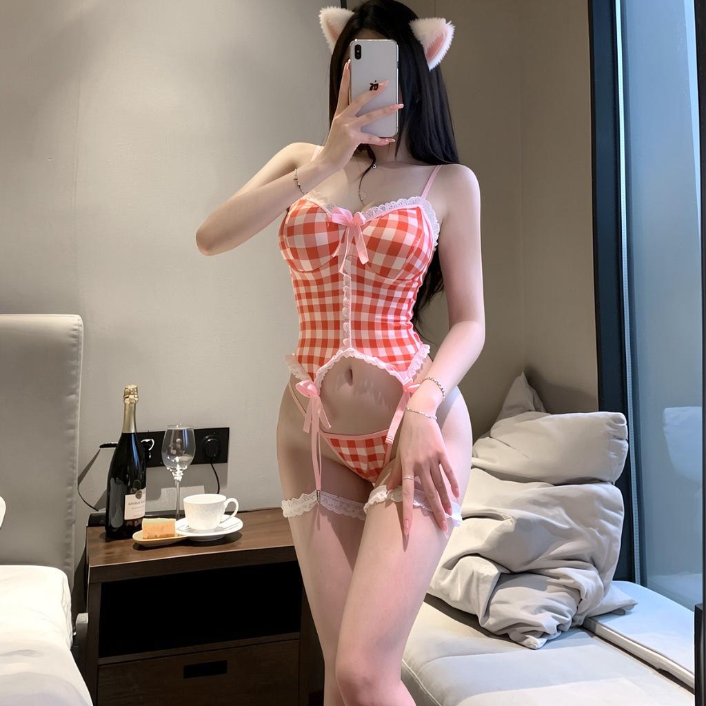 Set đồ lót nơ sọc caro kèm đai garter xinh yêu gợi cảm áo corset định hình choker quyến rũ duyên dáng  N827