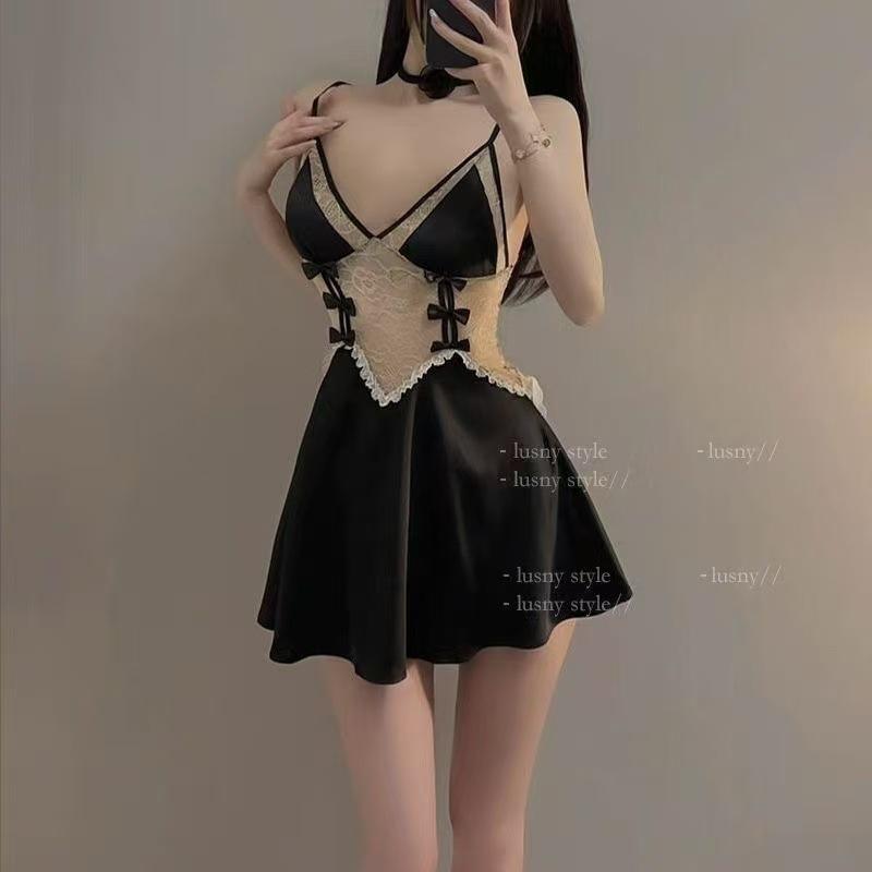Váy ngủ sexy phối ren ngực hở lưng gợi cảm xinh yêu đầm lụa 2s cổ V dáng xoè dễ thương quyến rũ  N272