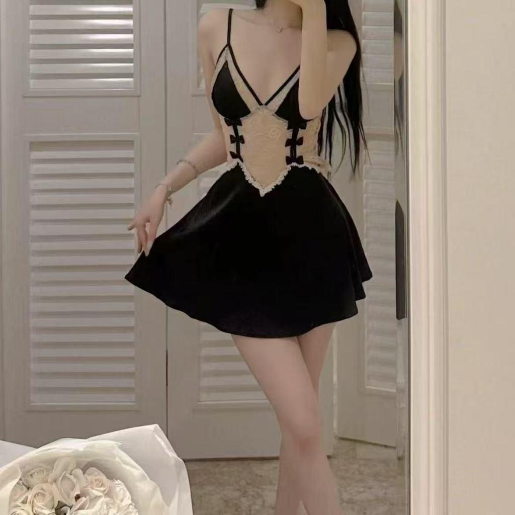 Váy ngủ sexy phối ren ngực hở lưng gợi cảm xinh yêu đầm lụa 2s cổ V dáng xoè dễ thương quyến rũ  N272