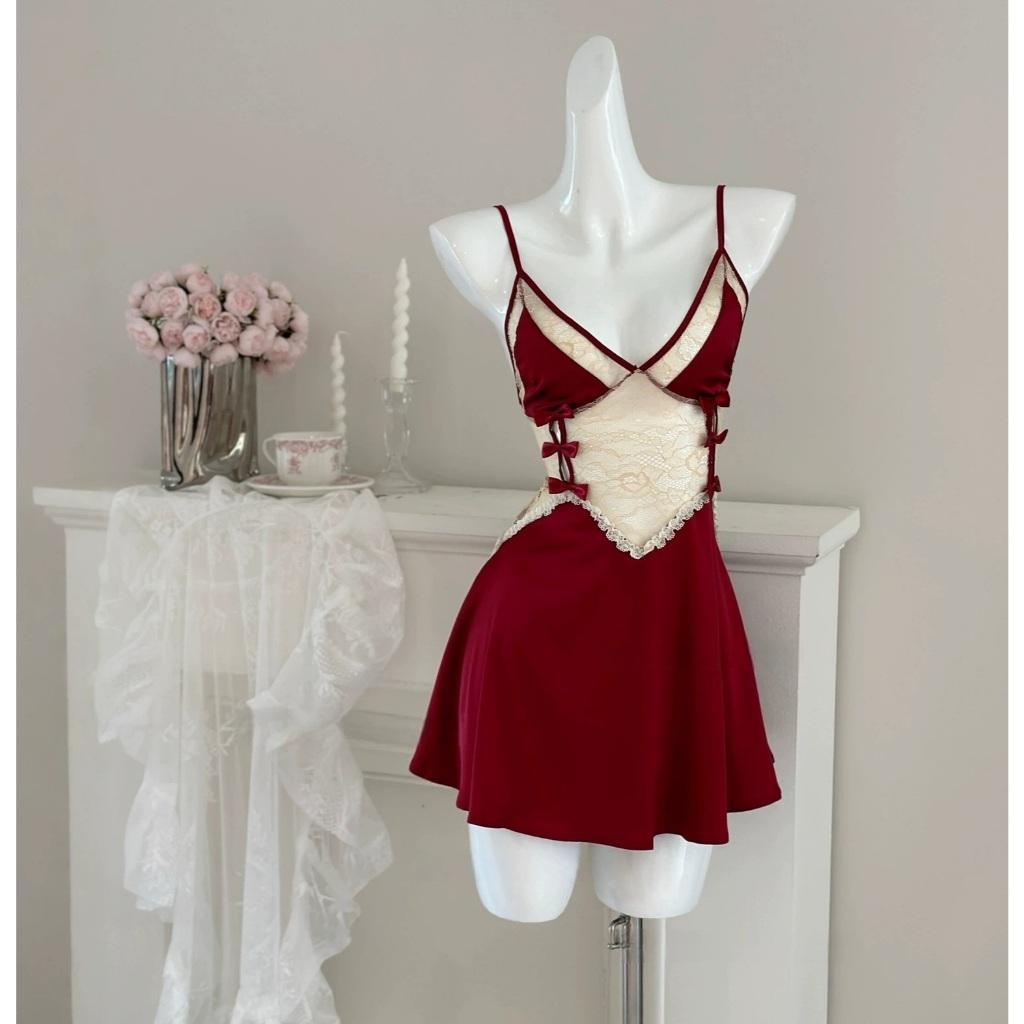 Váy ngủ sexy phối ren ngực hở lưng gợi cảm xinh yêu đầm lụa 2s cổ V dáng xoè dễ thương quyến rũ  N272