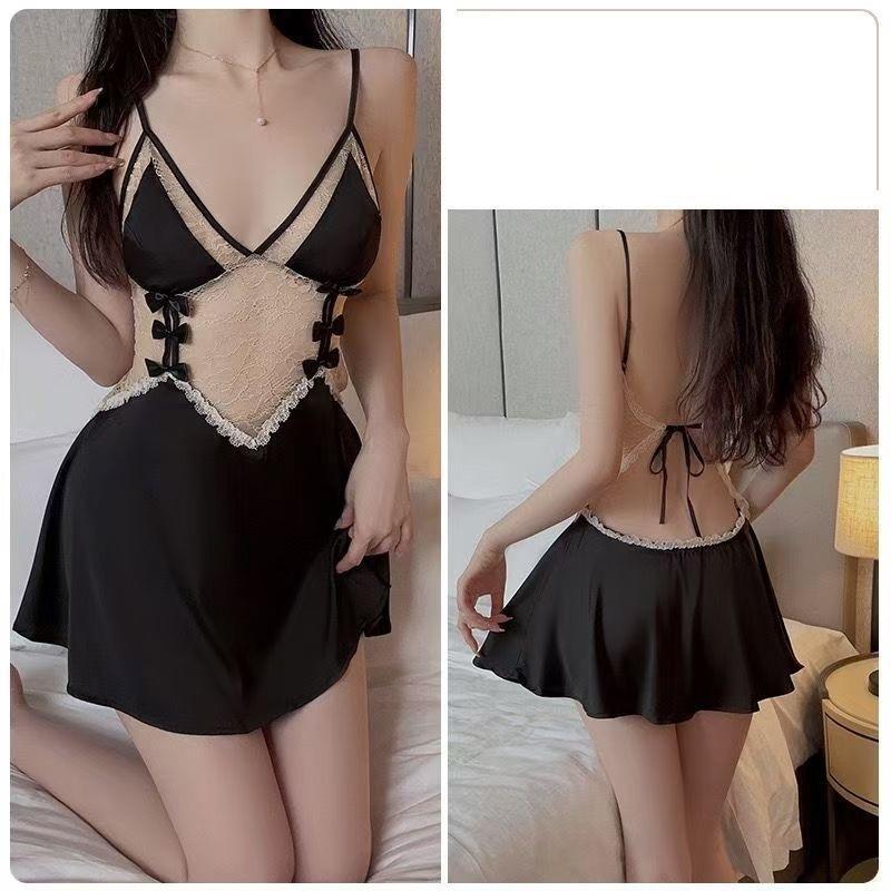 Váy ngủ sexy phối ren ngực hở lưng gợi cảm xinh yêu đầm lụa 2s cổ V dáng xoè dễ thương quyến rũ  N272