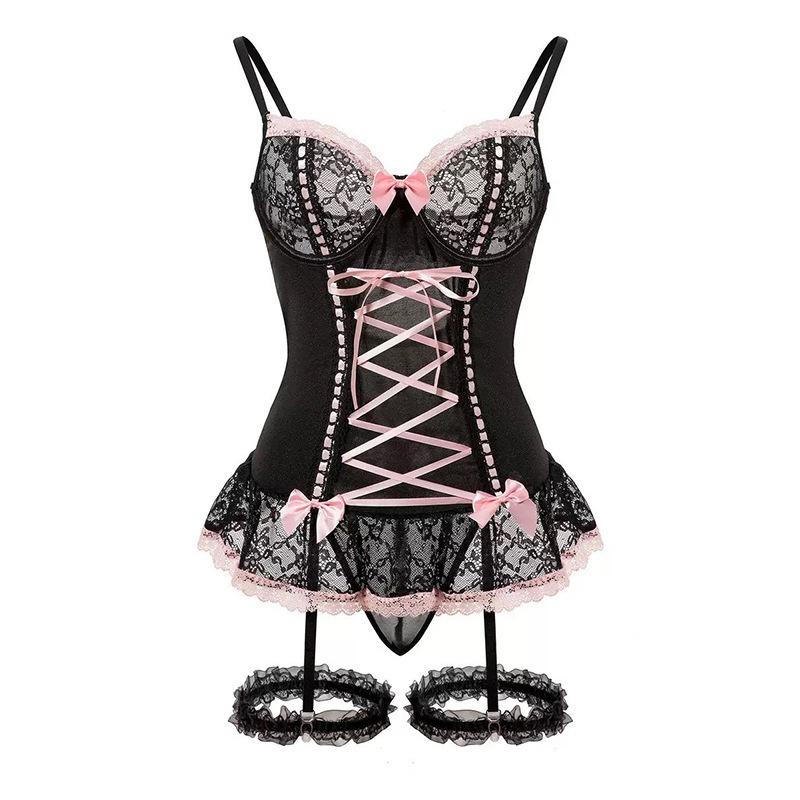 Áo corset có gọng nâng ngực ren xuyên thấu gợi cảm đồ lót gợi cảm kèm đai garter vòng chân xinh quyến rũ  N810