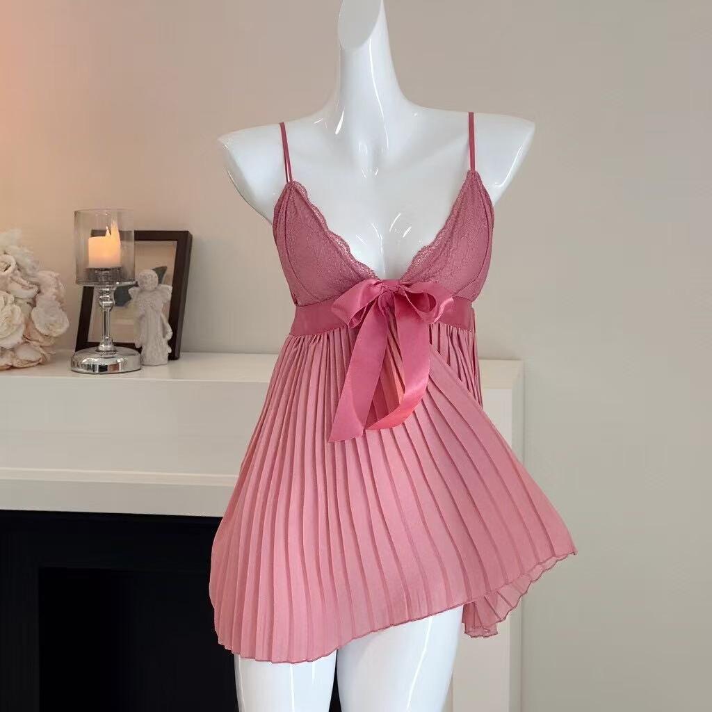 Váy ngủ nữ xếp ly thắt nơ xinh xắn đáng yêu đầm tiểu thư hai dây kiểu pháp cổ V xẻ ngực gợi cảm quyến rũ  N299