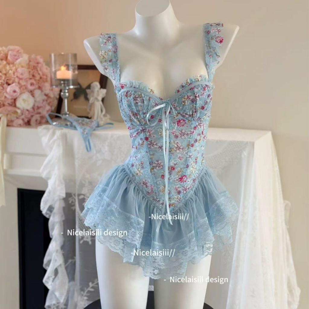 Váy ngủ sexy cánh tiên ren hoa có gọng kèm garter nịt tất gợi cảm sang chảnh áo corset định hình dáng xoè quyến rũ N820