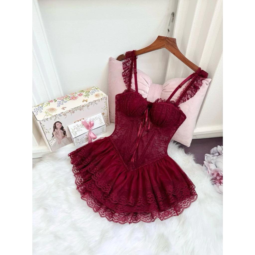 Váy ngủ sexy cánh tiên ren hoa có gọng kèm garter nịt tất gợi cảm sang chảnh áo corset định hình dáng xoè quyến rũ N820