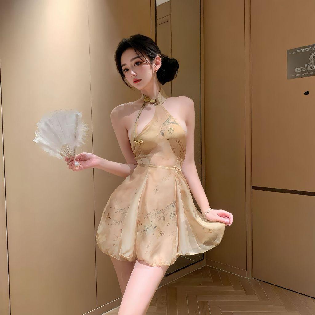 Sườn xám cách tân cổ tàu in hoạ tiết hở lưng sexy gợi cảm cosplay cổ trang trung hoa cổ điển thanh lịch  N582