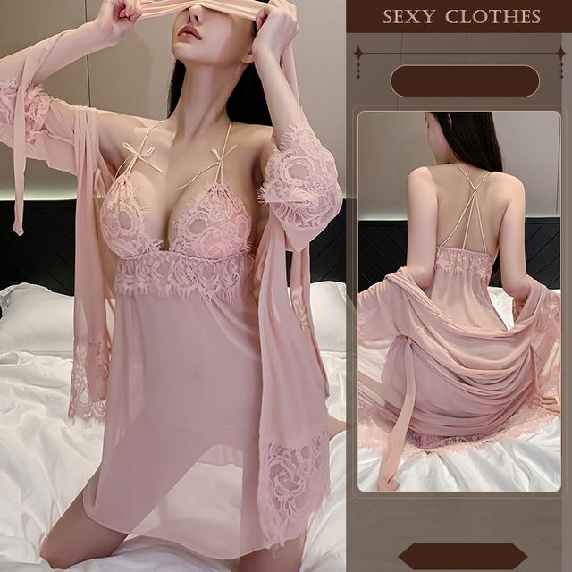 Áo choàng ngủ dài tay kèm váy ren hoa xuyên thấu mềm mịn gợi cảm đầm 2 dây sexy xẻ ngực tặng chip lọt khe quyến rũ N215