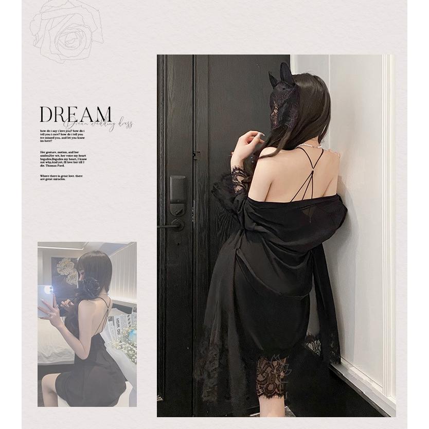 Áo choàng ngủ dài tay kèm váy ren hoa xuyên thấu mềm mịn gợi cảm đầm 2 dây sexy xẻ ngực tặng chip lọt khe quyến rũ N215