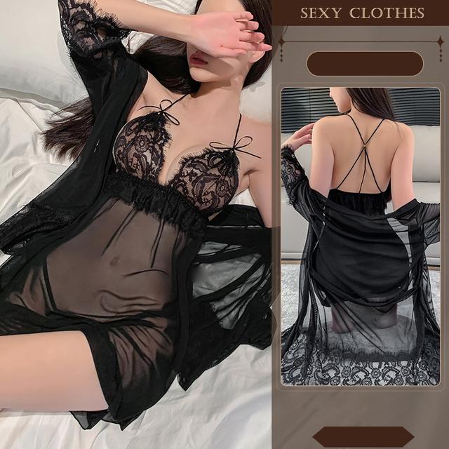 Áo choàng ngủ dài tay kèm váy ren hoa xuyên thấu mềm mịn gợi cảm đầm 2 dây sexy xẻ ngực tặng chip lọt khe quyến rũ N215