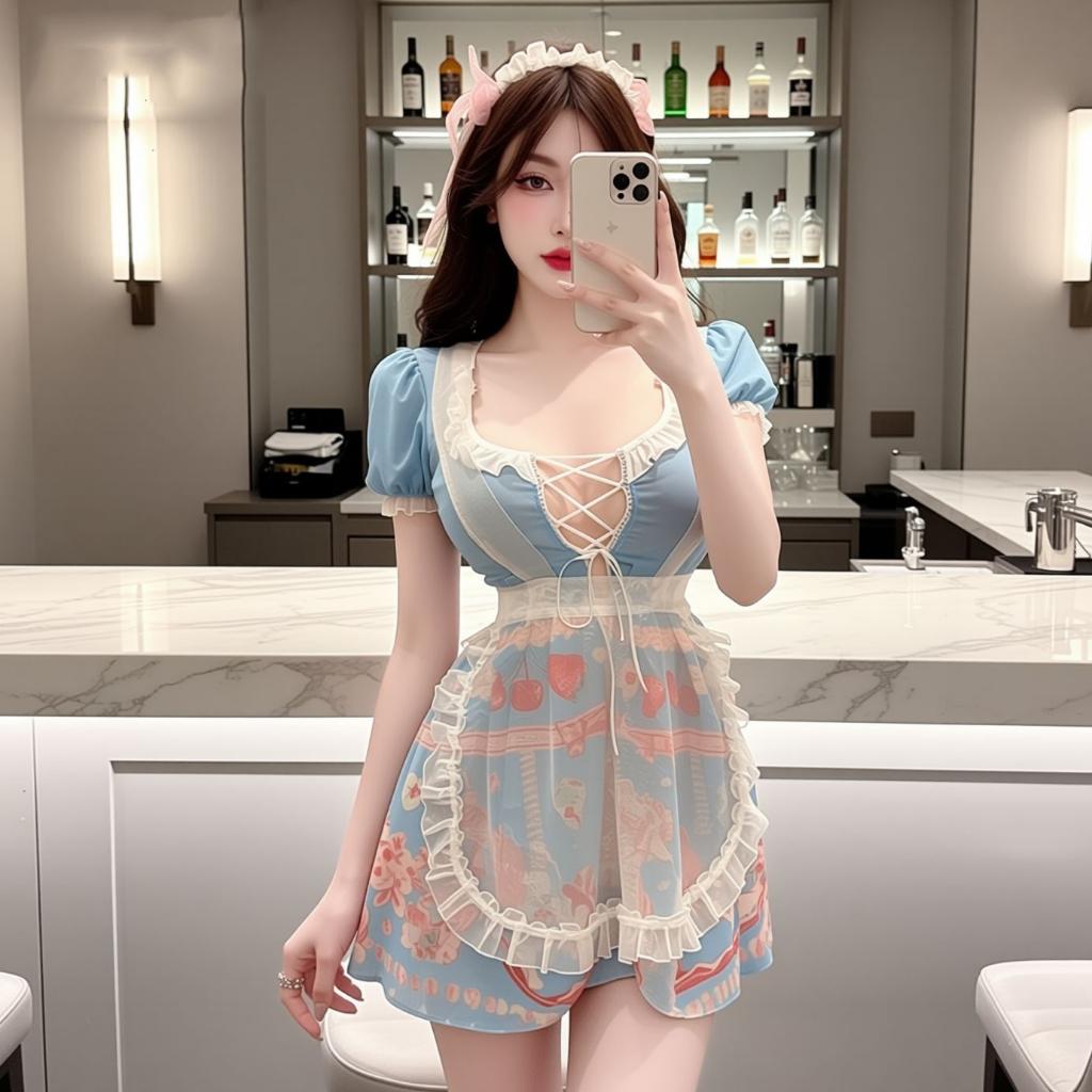 Cosplay hầu gái sexy xanh họa tiết trái dâu strawberry dễ thương cao cấp set ngủ nữ quản gia kèm phụ kiện gợi cảm N378