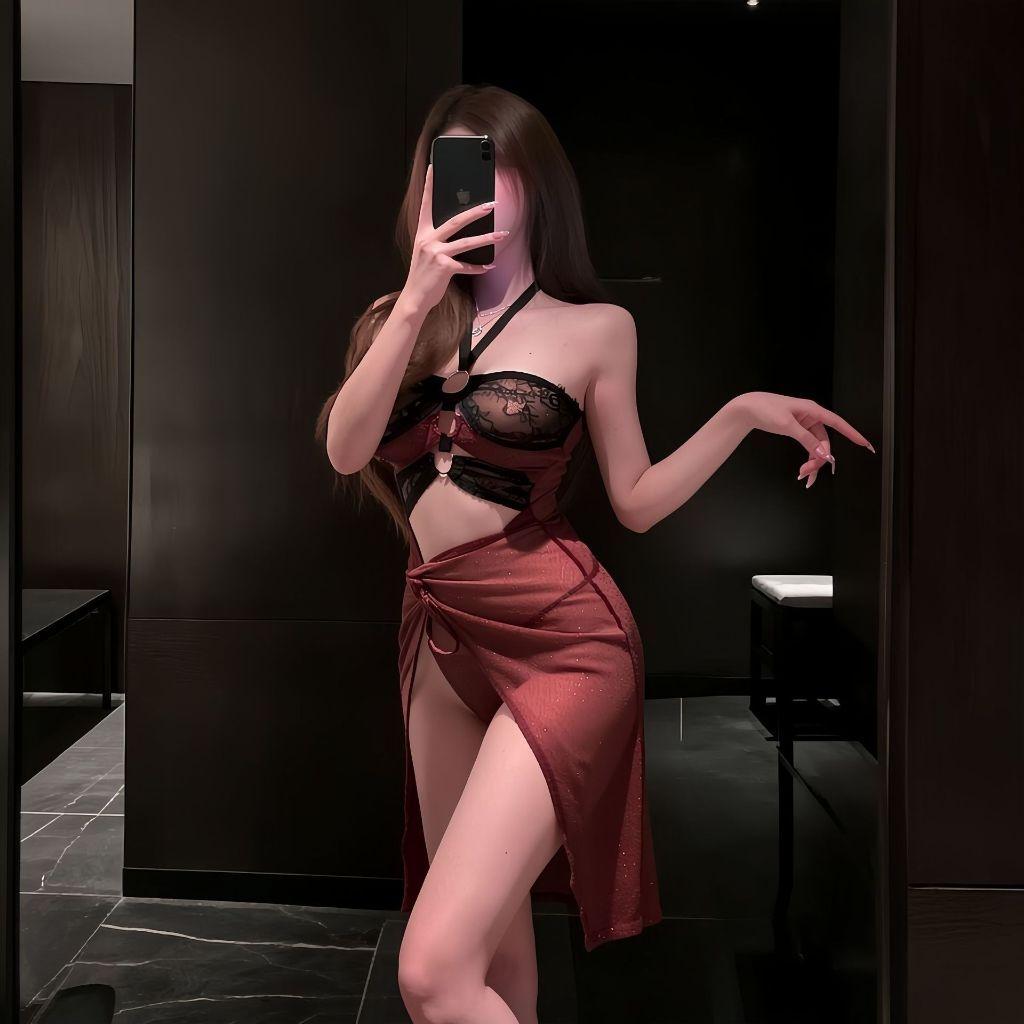 Váy ngủ KTV xuyên thấu xẻ tà gợi cảm xinh yêu đầm sườn xám cổ yếm dáng ôm body quyến rũ cuốn hút  N243