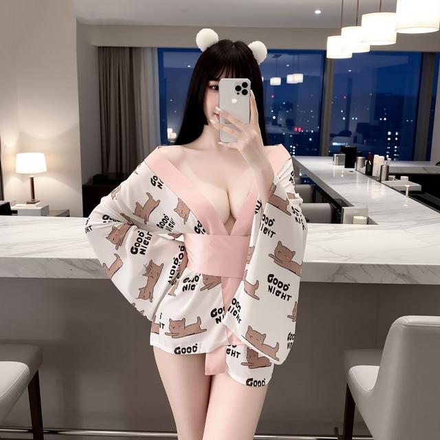Đồ ngủ kimono Nhật Bản in hoạ tiết động vật anime xinh yêu dễ thường áo choàng ngủ sexy xẻ V1 gợi cảm  N740