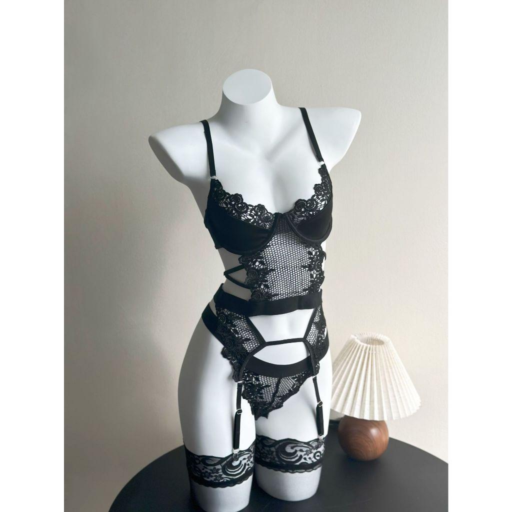 Đồ lót ren lưới phối hoa kèm đai garter nịt tất quyến rũ sang chảnh set lingerie tím thanh lịch gợi cảm  N817