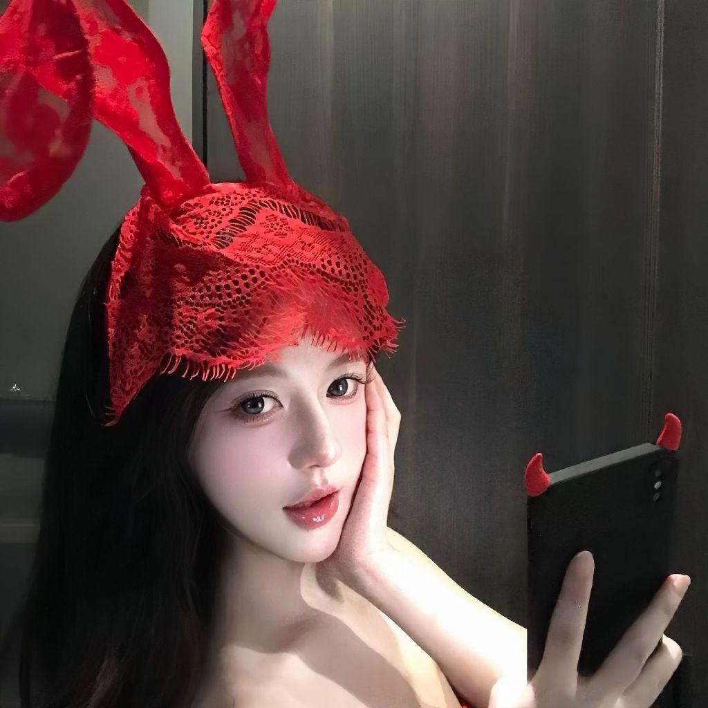 Cài tai thỏ ren dễ thương đáng yêu mặt nạ kèm tai bé thỏ đen trắng / phụ kiện chụp ảnh phối đồ cosplay  T604