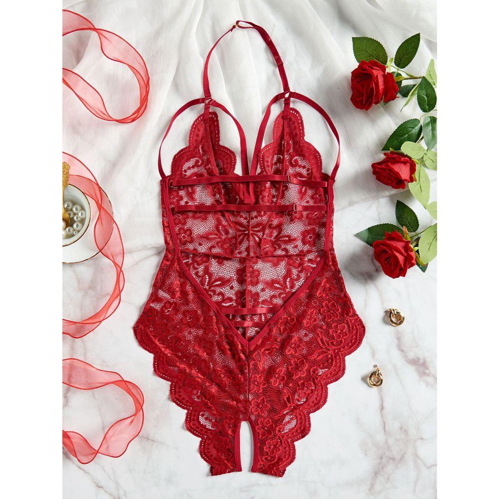 Bodysuits đồ lót liền thân xẻ đáy ren hoa sexy quyến rũ áo ngủ 1 mảnh phối dây ngực đen đỏ trắng gợi cảm  N906