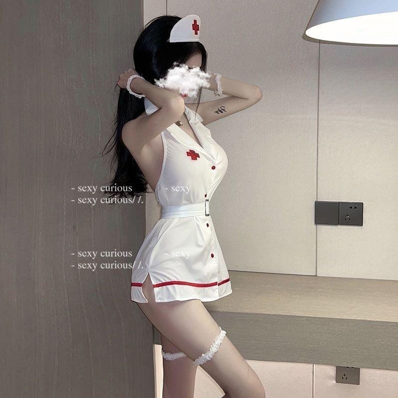 Váy ngủ cosplay y tá có đai nịt lưng gợi cảm đáng yêu đầm sơ mi nữ bác sĩ hở lưng quyến rũ dễ thương  N750