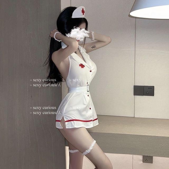 Váy ngủ cosplay y tá có đai nịt lưng gợi cảm đáng yêu đầm sơ mi nữ bác sĩ hở lưng quyến rũ dễ thương  N750