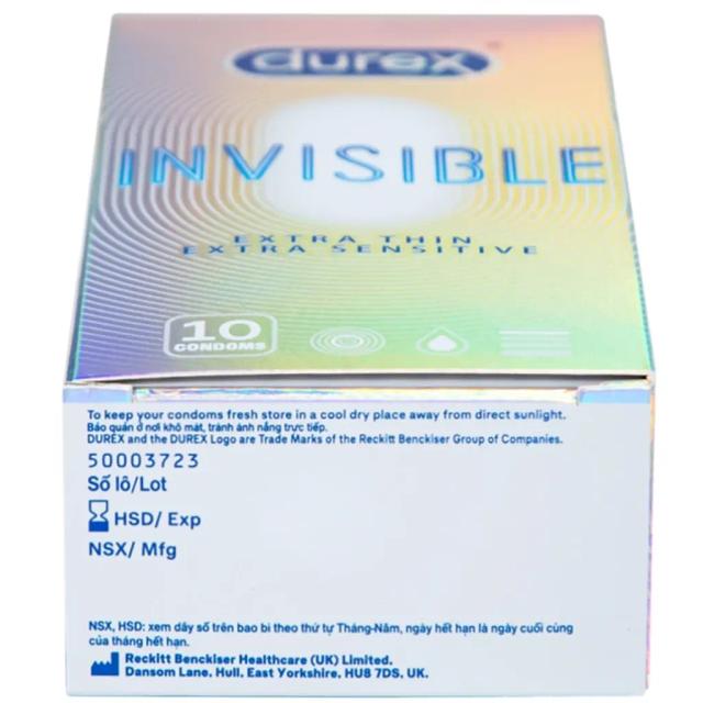 Bao cao su Durex Invisible Extra Thin Extra Sensitive siêu mỏng, vừa vặn và ôm sát (10 cái)