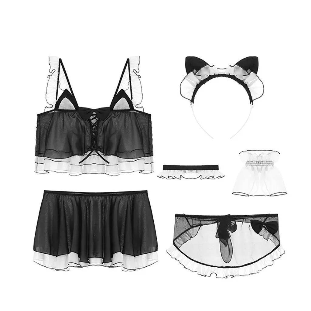 Đồ ngủ cosplay mèo kèm phụ kiện dễ thương gợi cảm váy xòe áo croptop hầu gái đáng yêu hottie N733