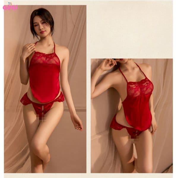 Đồ ngủ sexy, set yếm đỏ ren hở lưng gợi cảm, kèm quần lót lọt khe quyến rũ